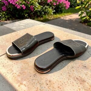 DKNY Women's Black Leather Silver Trim Himalaya Slide Sandals Summer Glam